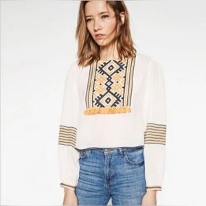 ZARA Folk Boho Embroidered Tassel Cropped Top Blouse Yellow Off White SZ SMALL